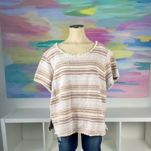 Knitted Woven Striped Blouse with Fringe Accents